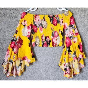 Jaase Women's Long Bell Sleeve Off the Shoulder Smocked Crop Top Yellow Floral S